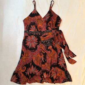 Shiva Made in India Silk Mini Slip Dress Boho Paisley Tie Wrap Sleeveless S M L